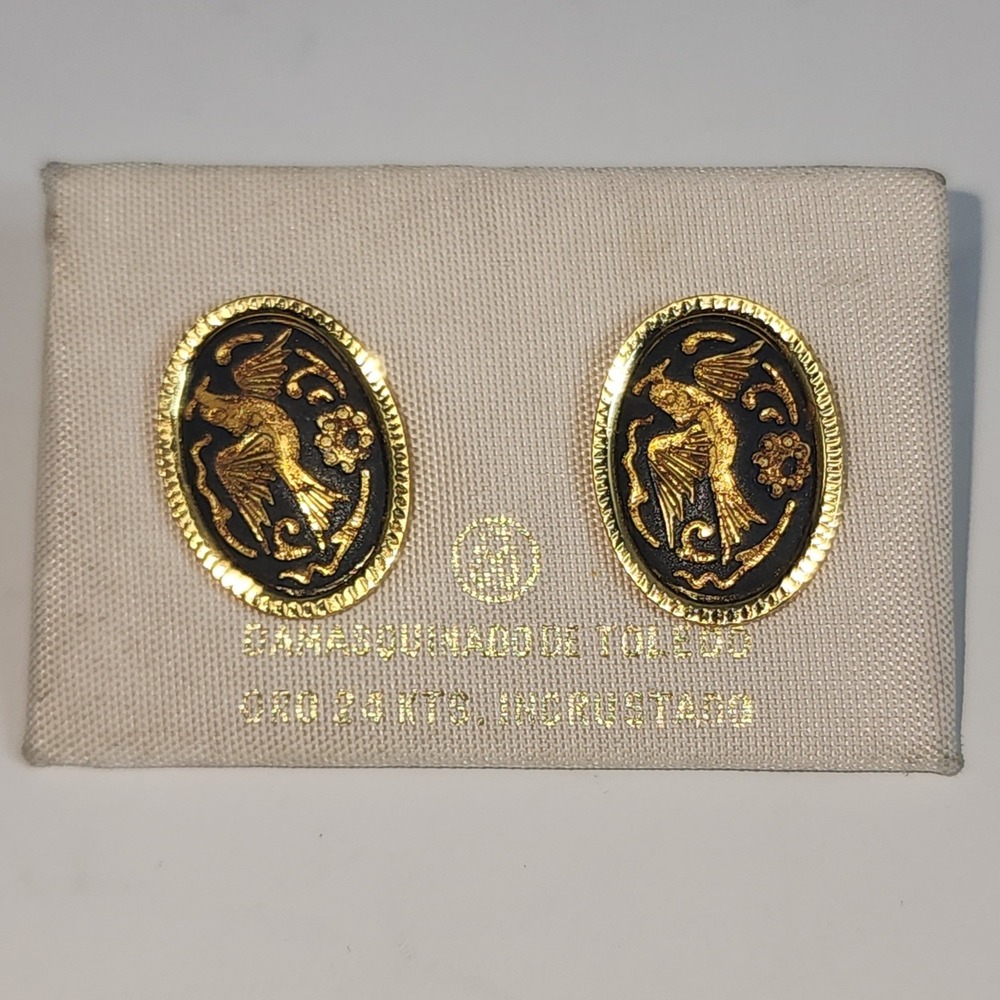 Damasquinado de Toledo Earrings Gold Black 24K Gold encrusted Bird Spain